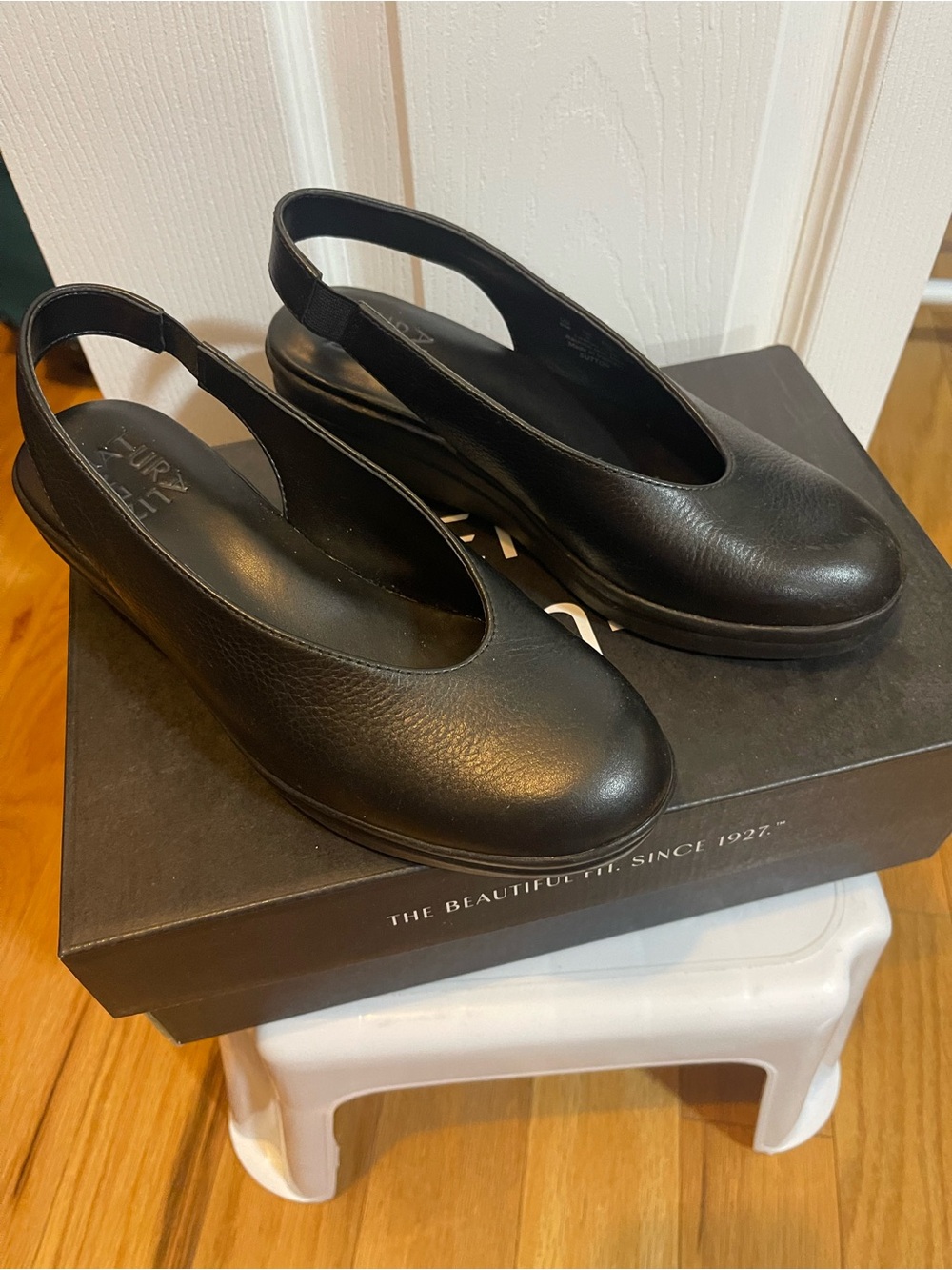 Women's Black Leather Slingback Wedge Flats